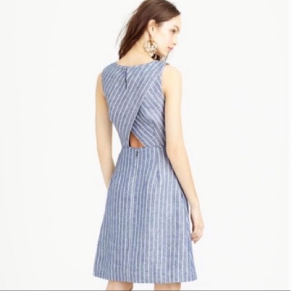 J.CREW Light Blue Striped Cotton Mini Dress with Overlay Triangle Back Cut Out